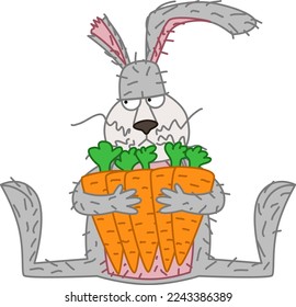 A greedy hare with one ear hugs a lot of carrots. Vector illustration