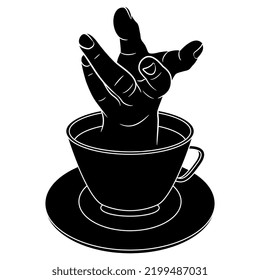 Greedy Human Hand With Clenched Fingers Emerging From A Cup Of Coffee Or Tea. Funny Beverage Concept. Black And White Silhouette.