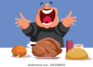 
Greedy Hungry Man Pronto para comer assado Turquia Vetor Cartoon. Gourmand cara tendo um enorme apetite ansioso por uma refeição enorme
