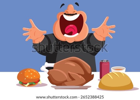 
Greedy Hungry Man Ready to eat Roasted Turkey Vector Cartoon. Gourmand guy having a huge appetite craving for a huge meal
