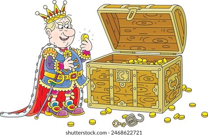 Greedy king counting gold coins in his old chest from royal tax collection, vector cartoon illustration isolated on a white background