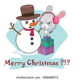 Greedy little rabbit trying to cut down snowman's carrot nose ( unusual funny greeting )