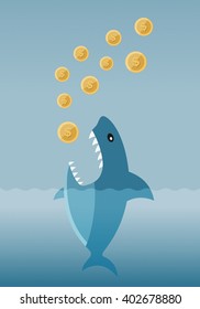 Greedy Loan Shark, Flat Design Shark devouring money, coins