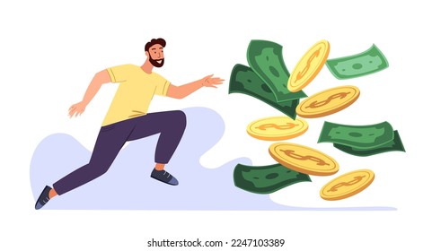 Greedy man chasing for big money.Cash race concept.Mercantile Competitor striving for richness and wealth.Character running to hit jackpot.Colored flat vector illustration isolated on white background