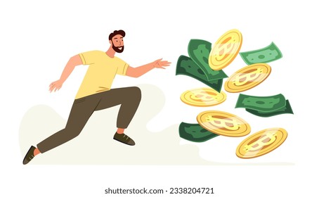 Greedy man chasing for Money Cash and Bitcoin coins signs,Bitcoin Symbolizing Success,Financial Achievement.Mercantile Character striving for richness and wealth.Flat vector illustration isolated