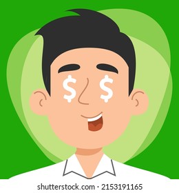 Greedy Man With Dollar Signs In Eyes Vector Illustration. Person Obsessed With Money And Finance. Wealthy Character, Dollars In Eyes.