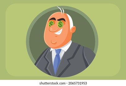 Greedy Man Thinking About Making More Money Vector Cartoon Illustration. Rich Billionaire Grinning Dreaming Of Money
