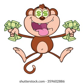 Greedy Monkey Cartoon Character Jumping With Cash Money and Dollar Eyes. Vector Illustration Isolated On White