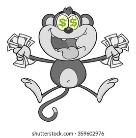 Greedy Monkey Cartoon Character Jumping With Cash Money and Dollar Eyes In Gray Color. Vector Illustration Isolated On White