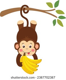 Greedy monkey hanging from the tree branch holding a bunch of bananas