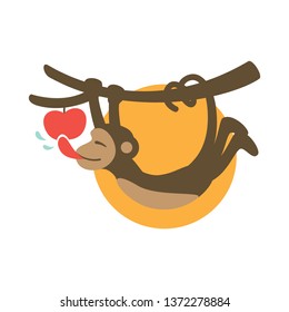 Greedy Monkey Logo Template. A cute little monkey on the branch of a tree greedily licks an apple.