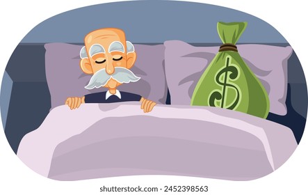 
Greedy Old Man Sleeping with a Money Bag Vector Illustration. Senior grandpa winning the lottery holding on to his monetary prize 
