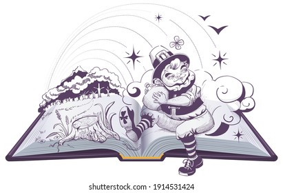 Greedy Patrick leprechaun holding pot of gold. Open book illustration drawing. Vector isolated on white