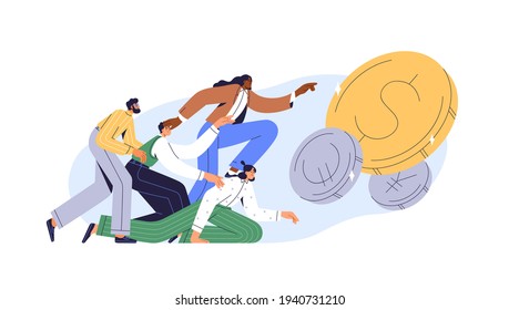 Greedy people chasing for big money. Cash race concept. Competitors striving for richness and wealth. Characters running to hit jackpot. Colored flat vector illustration isolated on white background