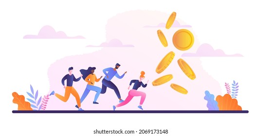 Greedy people chasing for big money concept. Men and women compete to increase profits. Characters run for wealth and luxury. Money Race or jackpot. Cartoon contemporary flat vector illustration