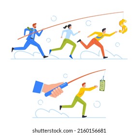 Greedy People Chasing for Big Money on Rod, Cash Race Concept. Competitors Striving for Richness and Wealth. Male Female Business Characters Running to Hit Jackpot. Cartoon People Vector Illustration