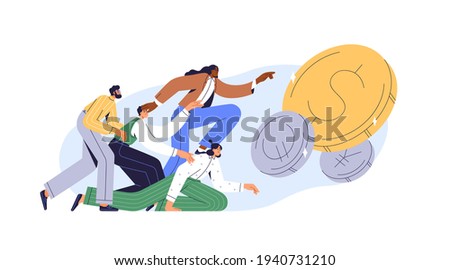 Greedy people chasing for big money. Cash race concept. Competitors striving for richness and wealth. Characters running to hit jackpot. Colored flat vector illustration isolated on white background