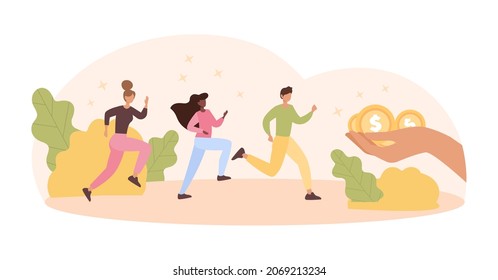 Greedy people chasing. Characters run to hand with money. Pursuit of profit. Concept of businessmen looking for new ways to make money. People wish to hit jackpot. Cartoon flat vector illustration