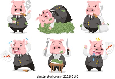 Greedy Pig Rich Banker In Love With Money, Vector Illustrator.