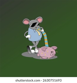 Greedy Rat Drinks from a Piggy Bank, illustration of corruption, draining the poor. Vector Illustration 