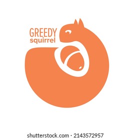 Greedy squirrel logo design template. The red squirrel with a big tail and an acorn is an mascot on white background