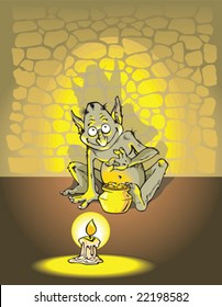 Greedy troll counting golden coins in the deep of dungeon, vector illustration