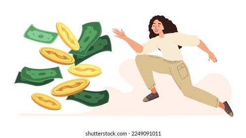 Greedy woman chasing for big money.Cash race concept.Mercantile Competitor striving for richness and wealth.Character running to hit jackpot.Colored flat vector illustration isolated,white background