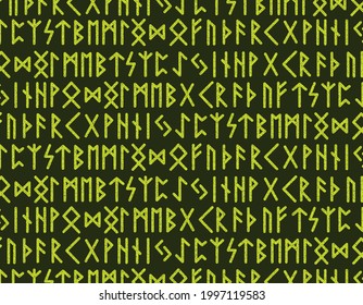 Greeen Ancient Viking Runes Alphabet Pattern Over A Dark Green Background. Vikings And Celtic Concept