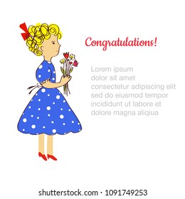 Greeiting card with kid and flowers for the birthday or other holiday, sketchy style. Vector graphic illustratration
