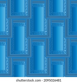 Patrón griego 3d azul sin costuras. Fondo geométrico vectorial ornamental. Repetir el fondo de las recarglas en mosaico. Ornamentos de cruz de clave griega. Diseño elegante y de lujo. Textura de superficie. Marcos, fronteras.