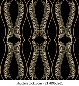 Greek 3d Borders. Greek seamless pattern. Ornamental vertical wavy border background. Repeat modern golden ornament with ropes, greek key, meanders, waves. Ornate luxury black and gold borders design.