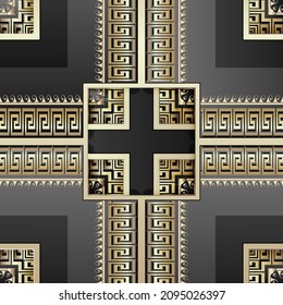 Patrón de oro griego tridimensional sin soldadura. Fondo geométrico vectorial ornamental. Repetir el fondo verificado. Cruces griegos adornados con olas, cuadrados, cruces. Diseño elegante de lujo. Textura de superficie.