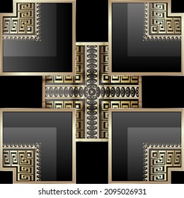 Greek 3d gold seamless pattern. Vector ornamental geometric background. Repeat checlered backdrop. Greek key meanders ornament with waves, squares, crosses. Luxury ornate design. Surface texture.