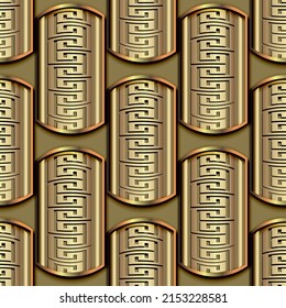 Greek 3d gold seamless pattern. Vector ornamental geometric Deco background. Repeat rectangles backdrop. Greek key meanders ornament. Rectangle golden frames. Elegant ornate design. Surface texture.
