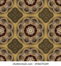 Greek 3d seamless pattern. Floral ornamental background. Repeat vector surface backdrop. Gold ornaments with vintage flowers, leaves, meanders, mazes, mandalas, shapes. Modern ornate luxury design.