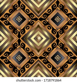 Greek 3d vector seamless pattern. Geometric striped surface background. Repeat rhombus backdrop. Tribal ethnic style modern design. Greek key meaders. Luxury ornament with 3d buttons, stripes, shapes.