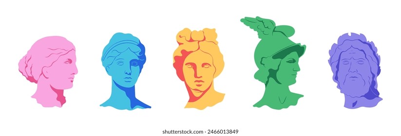Greek aesthetic sculpture set. Ancient statues 2000s stickers, head silhouettes design elements. Trtendy y2k creative antique characters. Vector illustration 