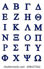 Greek alphabet with blue and black squiggle fill and black border