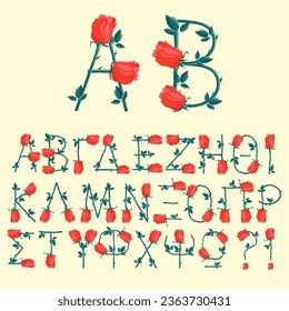 Greek alphabet. Decorative capital letters made of red roses. Vector illustration.