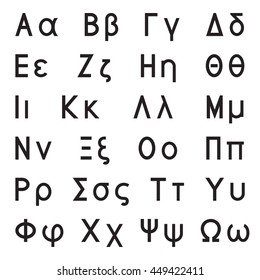 Greek alphabet letters, font set, black isolated on white background, vector illustration.