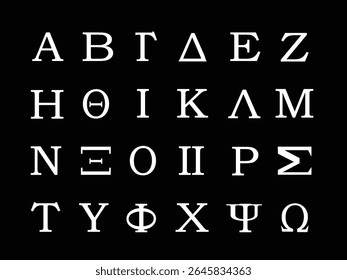 Greek alphabet letters icon isolated on black background.