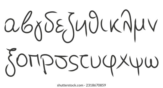 Greek alphabet. Small letters of black texture on a white background. Hand drawn vector illustration.