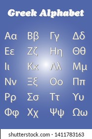 greek alphabet vector with uppercase and lowercase letters on blue background - school education concept