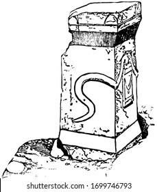 Greek Altar, Round, triangular, square in plan, often elaborately adorned, with sculpture, bearing inscriptions, vintage line drawing or engraving illustration.