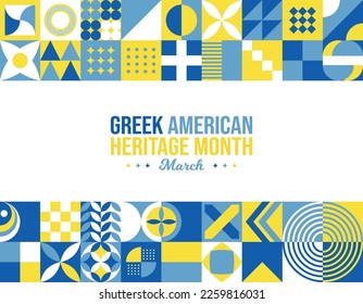 Greek American Heritage Month Background. Celebrating contribution of Greek Immigrants in United States of America in March. Social media post vector illustration. Neo Geometric pattern poster concept