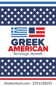 Greek American Heritage Month. Greece and United States flag. Greek blue color. Happy holiday celebrate in March. Culture month. Patriotic design. Poster, card, banner, template. Vector illustration