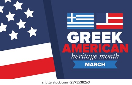 Greek American Heritage Month. Greece and United States flag. Greek blue color. Happy holiday celebrate in March. Culture month. Patriotic design. Poster, card, banner, template. Vector illustration