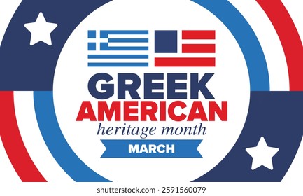 Greek American Heritage Month. Greece and United States flag. Greek blue color. Happy holiday celebrate in March. Culture month. Patriotic design. Poster, card, banner, template. Vector illustration