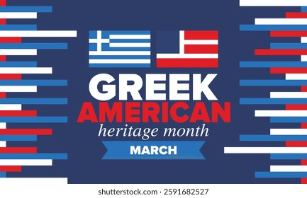 Greek American Heritage Month. Greece and United States flag. Greek blue color. Happy holiday celebrate in March. Culture month. Patriotic design. Poster, card, banner, template. Vector illustration