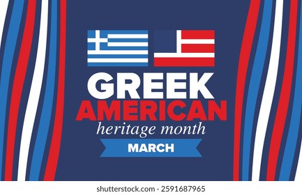 Greek American Heritage Month. Greece and United States flag. Greek blue color. Happy holiday celebrate in March. Culture month. Patriotic design. Poster, card, banner, template. Vector illustration